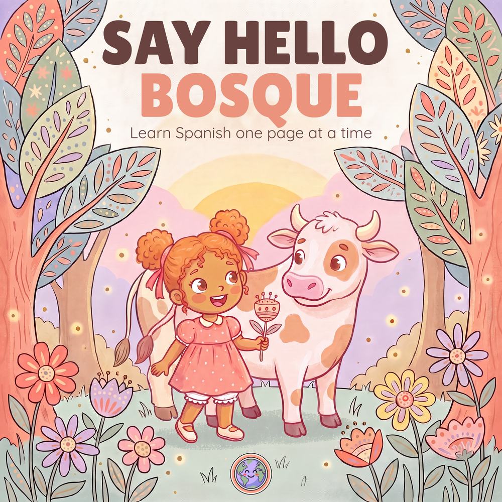 Cover of the first book, Say Hello Bosque — Learn Spanish one page at a time. Lu holds a small patterned flower beside Toni the calf at sunset, framed by folk-patterned leaves.