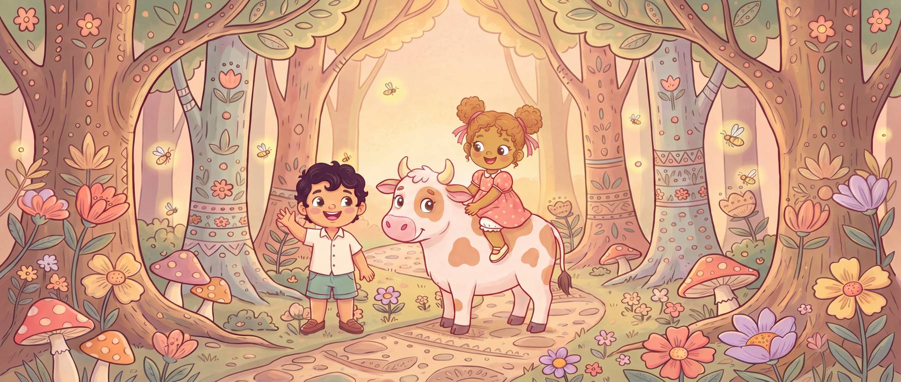 A sunlit folk-art forest of patterned tree trunks arching overhead, with mushrooms, flowers and drifting fireflies. Lu, a young girl with auburn curls in two pom-pom pigtails and a coral polka-dot dress, rides on the back of Toni, a cream-and-brown calf, along a winding stone path. A young boy in a white shirt and green shorts waves hello to them.